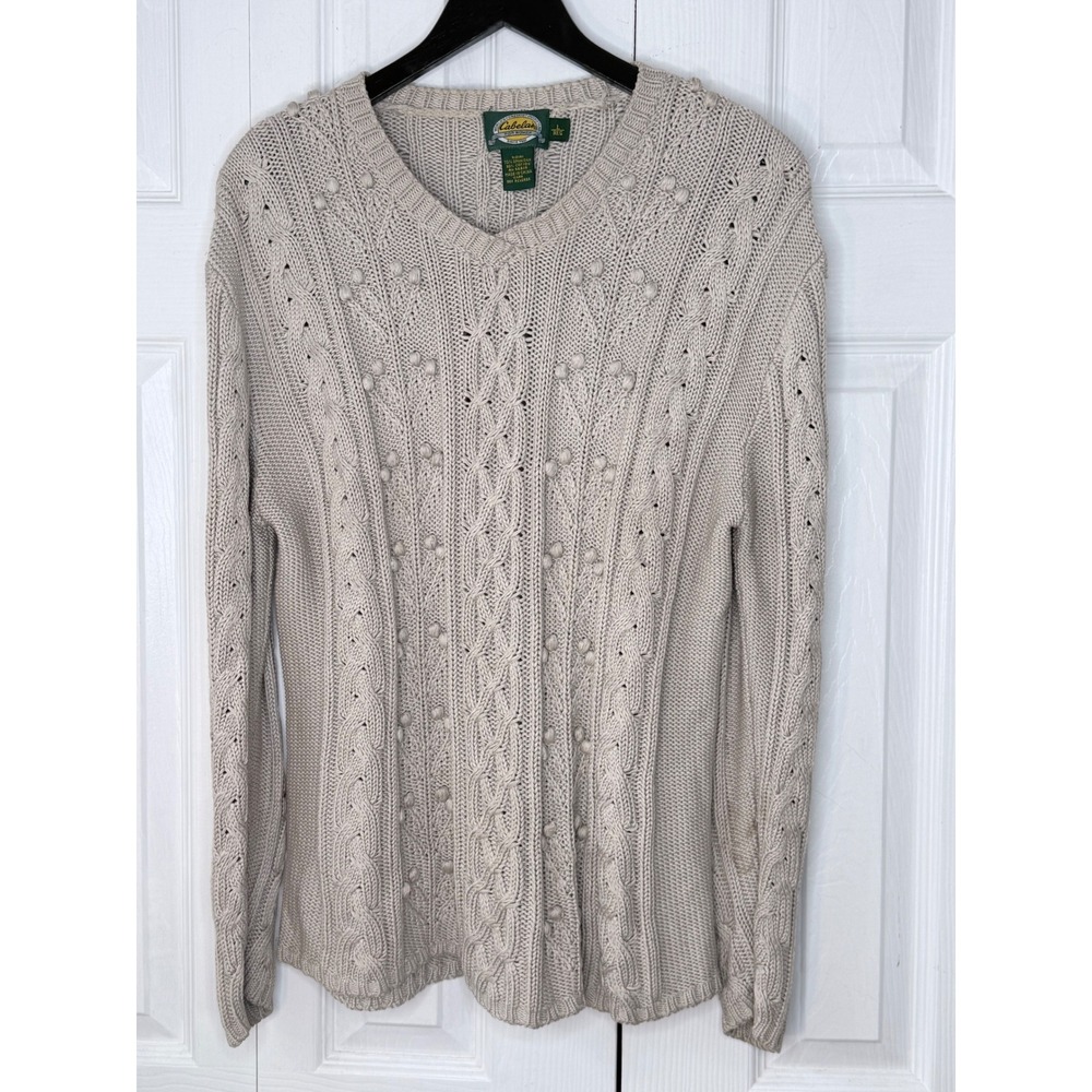 Cabelas Sweater Women L Tan Silk Cotton Cable Knit Popcorn V-Neck Pullover